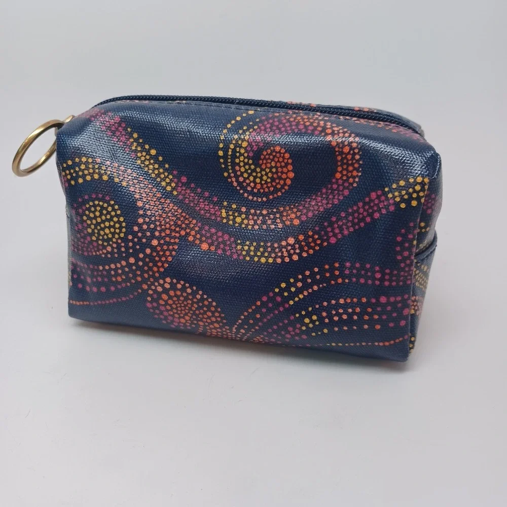 Fossil Blue Dot Swirl Coated Canvas Small Makeup Pouch Coin Bag Brass Ring Pull